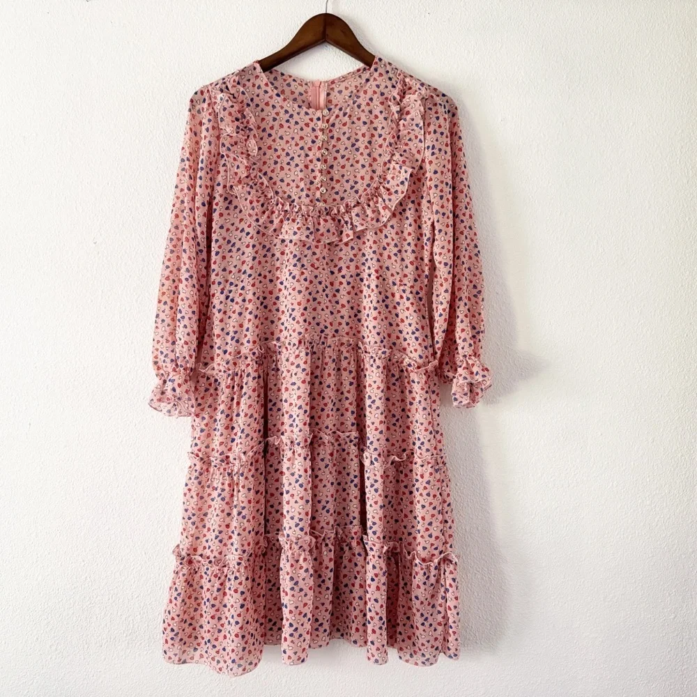 Romantic Ruffle Dress Prairiecore Floral Dainty High Neck Flowy Cottagecore M/L - Picture 2 of 15
